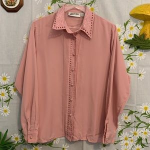 Vintage Yves Saint Claire Pink Embroidered Collar Blouse